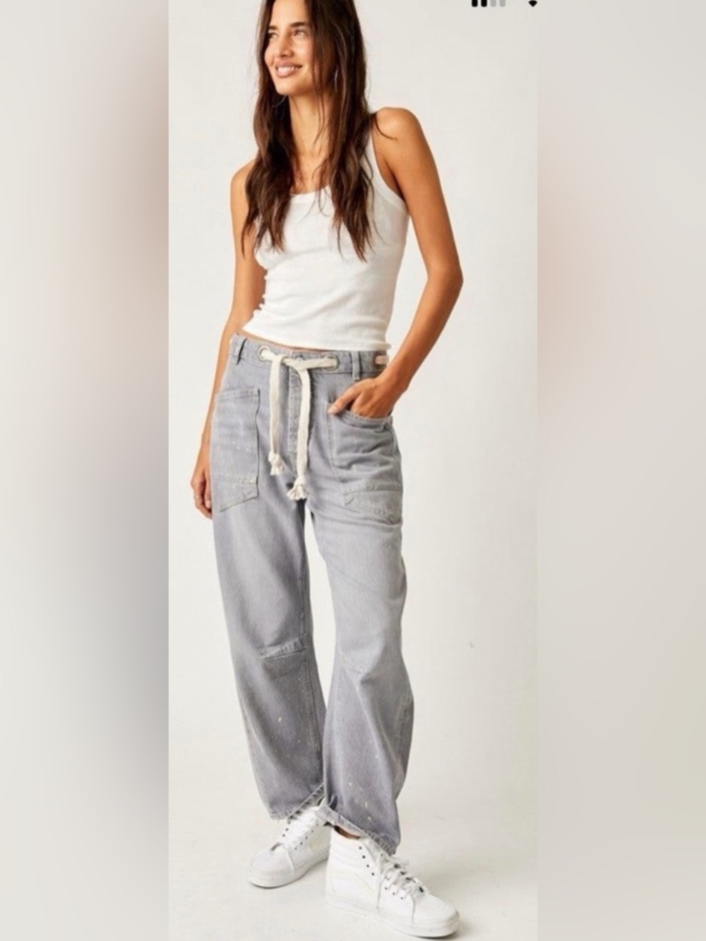 We The Free Light Gray Boyfriend Wide-Leg Jeans with Rope Belt